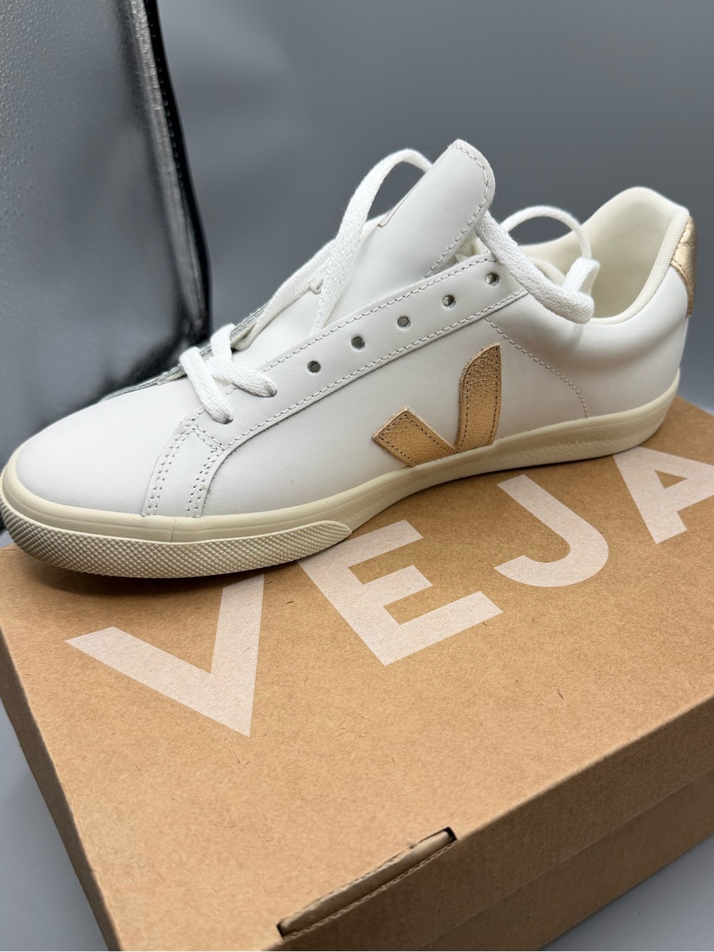 Veja Women's White Leather Sneakers with Gold V Accent